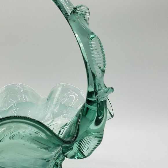 Teal White Blue Art Glass Ruffled Waffle Fruit Basket with Handle - Picture 13 of 15